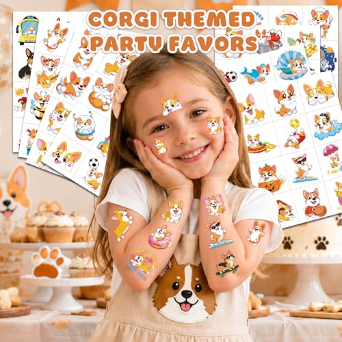 96 PCS Corgi Temporary Tattoos for Kids - Pre-Cut