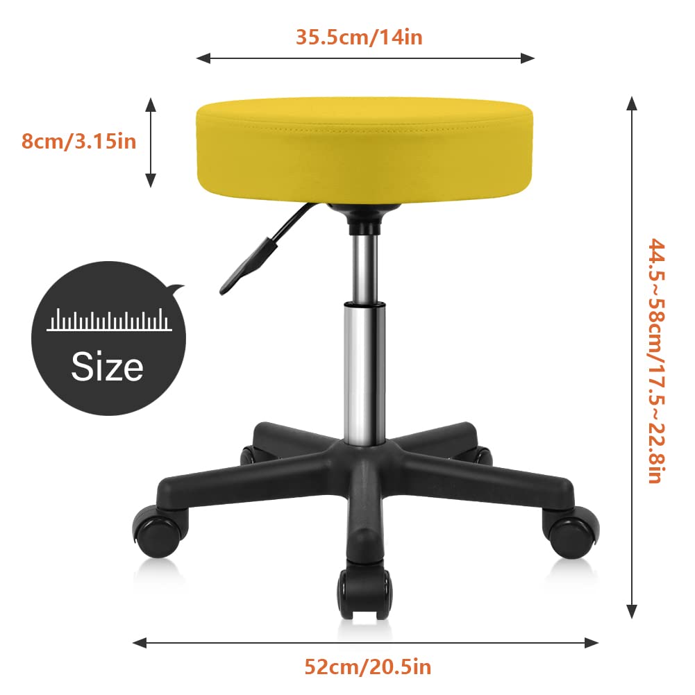 KKTONER Round Rolling Stool PU Leather Height Adjustable Swivel Drafting Work SPA Salon Stools Chair with Wheels (Yellow)