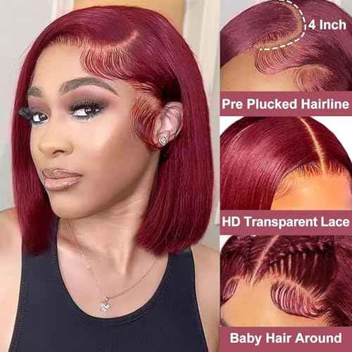 14 Inch 99j Bob Wig Human Hair 13x4 Lace Front Wigs Human Hair For Black Women 180 Density Pre Plucked With Baby Hair