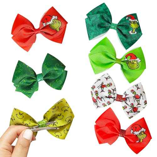 Luv Her Licensed Girls Hair Bows - Hair Accessories Gift Set - 7 Pcs 4 Inch Bundle - Hair Bows for Girls - Grinch Christmas Hair clip - Alligator Clip - Ages 3 +