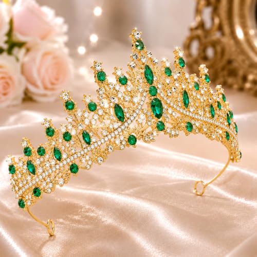 Gold Green Queen Crown Rhinestone Tiara for Women