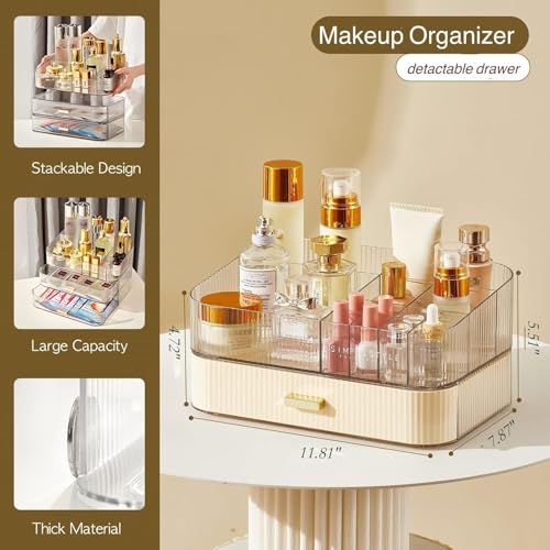 Makeup Organizer With Stackable Drawer, Cosmetic Storage Display Case for Vanity, Bathroom Countertop or Dresser,Counter top Holder for Lipstick, Brushes, Lotions, Eyeshadow, Nail Polish