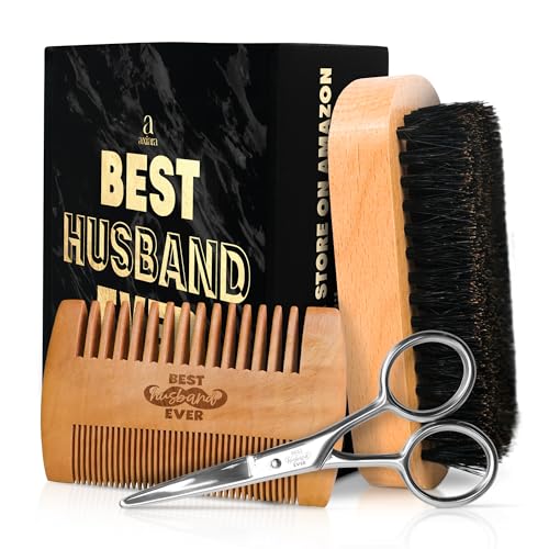 Husband Gifts for Him - Beard Kit for Men Grooming and Care with Brush, Comb, Scissors & Storage Bag - Husband Birthday Gift Ideas, Anniversary Retirement Birthday Gifts for Men
