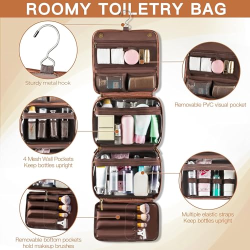 Elviros Travel Toiletry Bag - Waterproof Makeup Organizer with Removable Sections, PU Leather