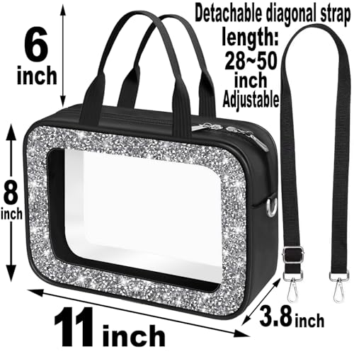 Meetart Clear Makeup Bag.Crushed Diamond Travel Toiletry Bag with Detachable Shoulder Strap.Transparent Cosmetic Bag for Travel, Bathroom Storage.(Black)