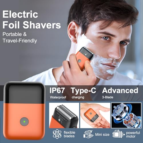 Electric Shavers for Men, Mini Travel Electric Razor, Foil Shaver for Men, Fast Rechargeable Dual Floating Blades IPX7 Waterproof Wet Dry Face Razor- Orange