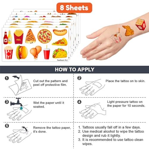 96 PCS Cute French Fast Food Hamburger Fries Pizza Temporary Tattoos Themed Birthday Party Decorations Supplies Favors Decor Yummy Tattoo Stickers Gifts For Kids Boys Girls School Prizes Carnival