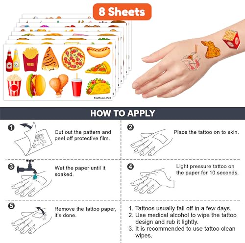 96 PCS Fast Food Temporary Tattoos for Kids