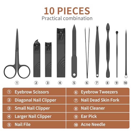 ZIZZON 10-Piece Travel Manicure Set - Stainless Steel Nail Clipper Kit