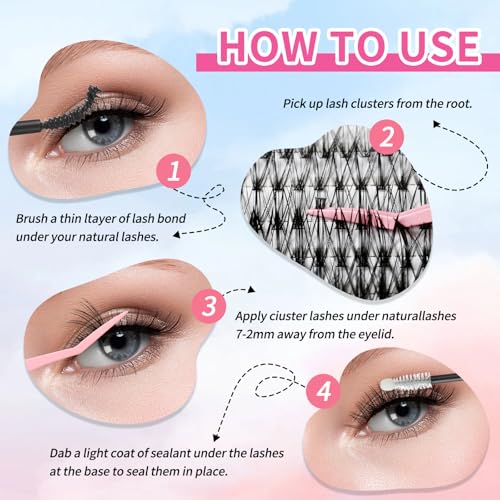 DIY Lash Clusters Kit for At-Home Eyelash Extensions | 280 Cluster Lashes (9mm-16mm) with Lash Glue, Bond Sealer & Tweezers | Reusable Cluster Lash Extension Kit for Natural Volume(30D+40D)