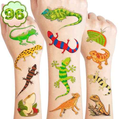 96PCS Lizard Pre-Cut Temporary Tattoos Themed Birthday Party Supplies Favors Decorations Cute Reptile Swamp Safari Animal Stickers Funny for Kids Girls Boys Teens School Classroom Rewards Gifts Ideal