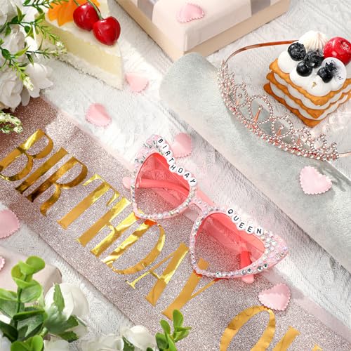 Birthday Queen Sash Set with Rhinestone Tiara & Glasses