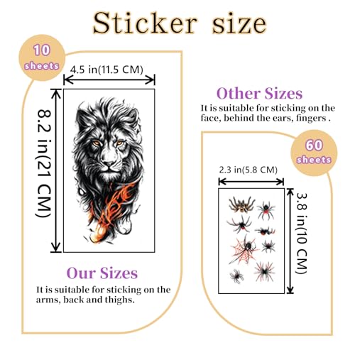 "70PCS Temporary Tattoos men and Adults - Waterproof Fake Tattoos Stickers,Tiger Skull Skeleton Tattoos kit Stickers.party and Summer Designs.