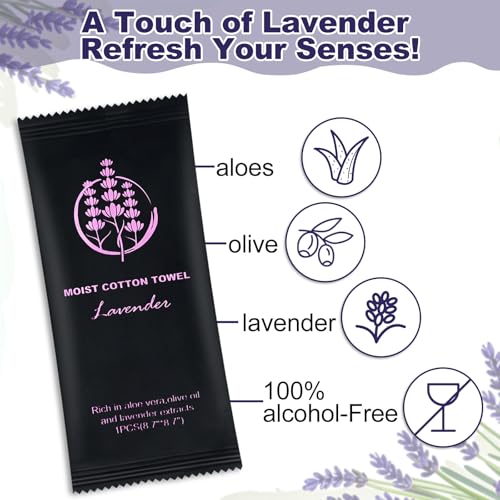 Moist Cotton Towel Bulk Moist Towelettes Individually Wrapped,White Towel Services,Refreshment Pre Moistened Towels for Dentist Travel Sport Party Hotel £¨Lavender,100)