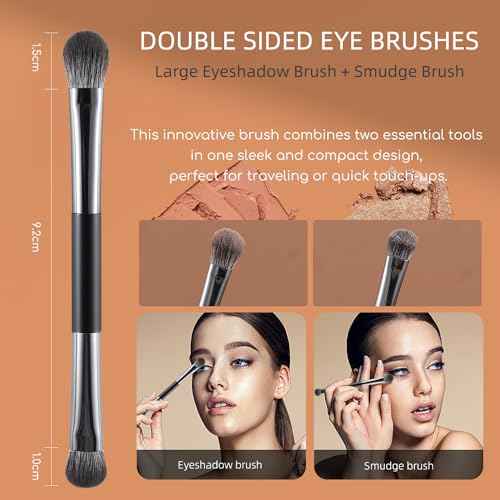 ENERGY Travel Eye Makeup Brush Set Eyeshadow Eye Blending Eyeliner Under Eye Concealer Eye Brow Smudge Makeup Kit with Portable Compact Mirror Case Double ended Makeup Brushes 4PCS