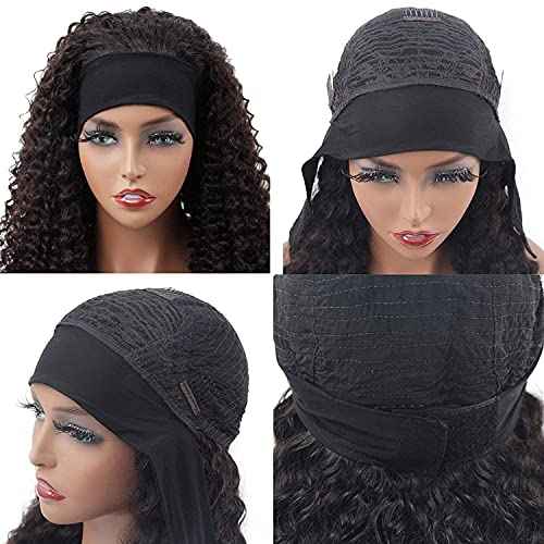 WENYAN Headband Wig Human Hair Deep Wave 18 Inch Wigs for Black Women Glueless None Lace Front Curly Wave Wig Brazilian Virgin Hair Wear and Go Wigs Machine Made 150% Density Natural Color