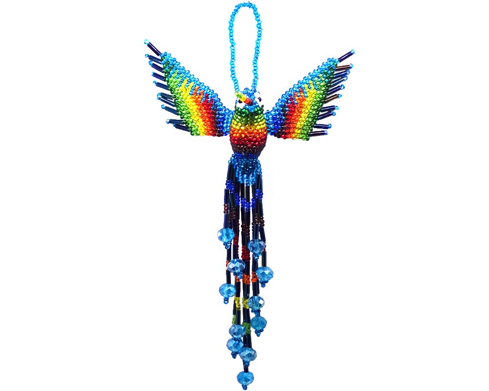 Hummingbird Hanging Figurine Ornament Czech Glass Seed Bead Fringe Tail Dangles - Handmade Gifts Spirit Animal Boho Accessories (Turquoise/Rainbow)