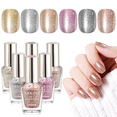 SAVILAND Diamond Glitter Nail Polish Set 6 Colors, Quick Dry, 0.34 Fl Oz Each, Pack of 6