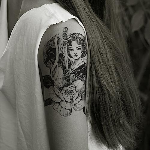 6 Sheets Waterproof Arm Temporary Tattoo Stickers Black Japanese Geisha Women Lady Samurai Fan Sword Crane Flower Fox Keaton Mask