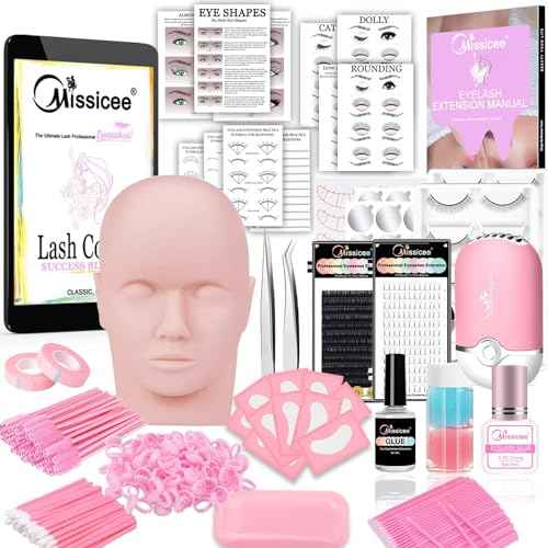 Lash Eyelash Extension Kit, Professional Mannequin Head Eyelash Grafting Training Tools False Eyelash Extensions Practice Exercise Set for Beginners with Individual Lashes Glue Tweezers Lash Fan Dryer