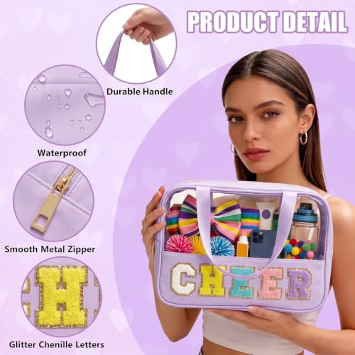 KRYZMET Cheer Purple Makeup Bag with Chenille Letter Patch Waterproof Nylon Travel Organizer for Girls Women