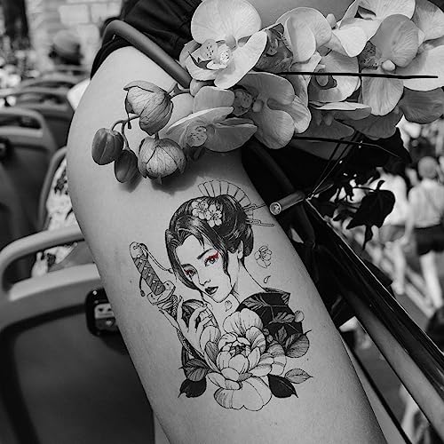 6 Sheets Waterproof Arm Temporary Tattoo Stickers Black Japanese Geisha Women Lady Samurai Fan Sword Crane Flower Fox Keaton Mask