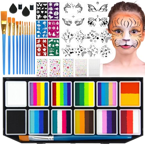 12-Color Water Activated Face Paint Kit with Brushes & Stencils