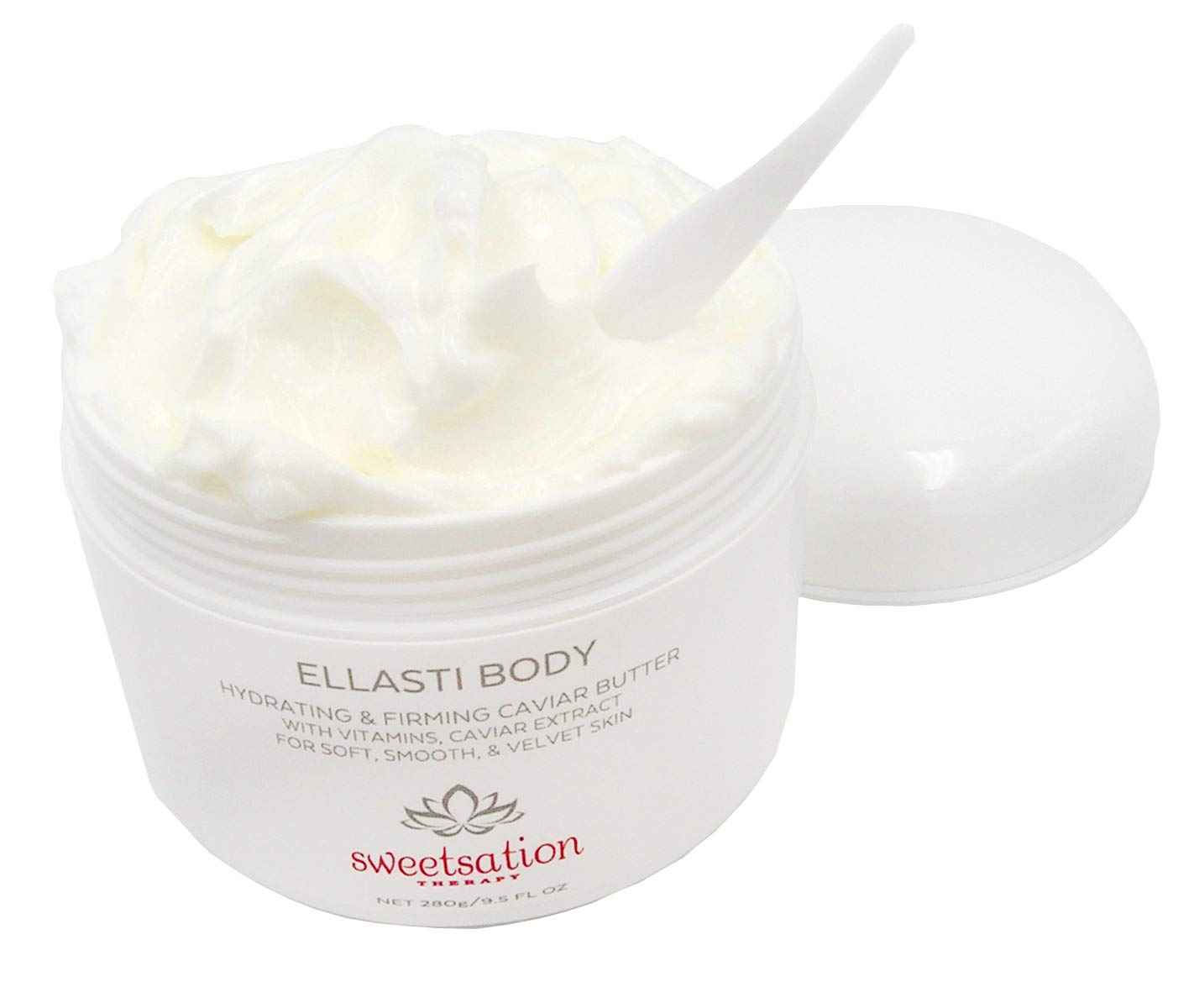 Sweetsation Therapy / YUNASENCE ELLASTIBODY Hydrating Firming Caviar Butter Moisturizing Cream, with Caviar Extract, Vitamin E, Reishi, Avocado & Green Tea. 9.5oz. For soft, comforted skin.