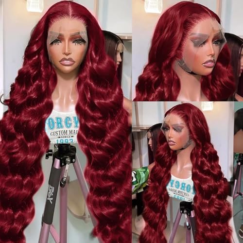 28" 99J Burgundy Lace Front Wig - 180% Density Human Hair