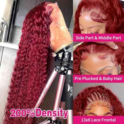 99J Burgundy Deep Wave 13x6 Lace Front Wigs Human Hair 200% Density Lace Frontal Wigs Human Hair Pre Plucked 99j Burgundy Deep Curly Wave HD Lace Front Wigs for Women (24Inch)