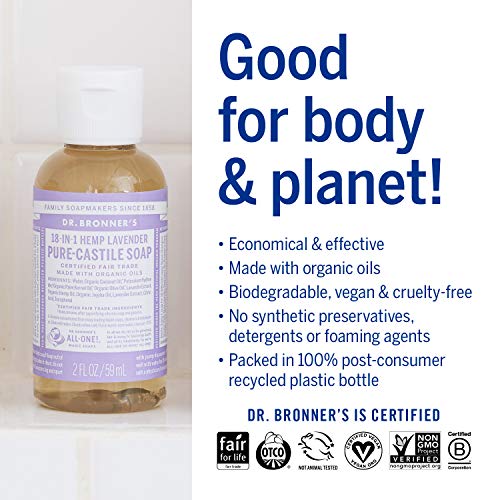 Dr. Bronner's - Pure-Castile Liquid Soap (Lavender, 2 ounce) - Made with Organic Oils, 18-in-1 Uses: Face, Body, Hair, Laundry, Pets and Dishes, Concentrated, Vegan, Non-GMO