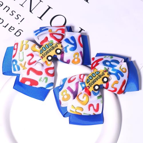 HAIMITI Back to School Hair Bows School Bus Hair Clips Letter Blue Hair Bow Clip Cute Cartoon Hairpins for Little Toddler Girls Students Kindergarten First Day of School Hair Accessories 2pcs