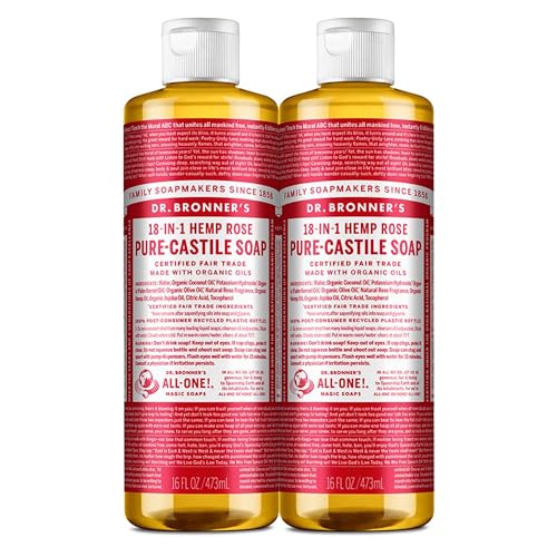 Dr. Bronner's - Pure-Castile Liquid Soap (Rose, 16 ounce, 2-Pack) - Made with Organic Oils, 18-in-1 Uses: Face, Body, Hair, Laundry, Pets and Dishes, Concentrated, Vegan, Non-GMO