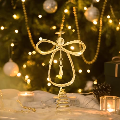 Valery Madelyn Christmas Angel Tree Topper, 10 Inch Pre-Lit Gold Metal Tree Top with Timing LED Lights for Christmas Holiday Party Tree Ornaments Decorations Indoor Outdoor Gifts, Battery Operated