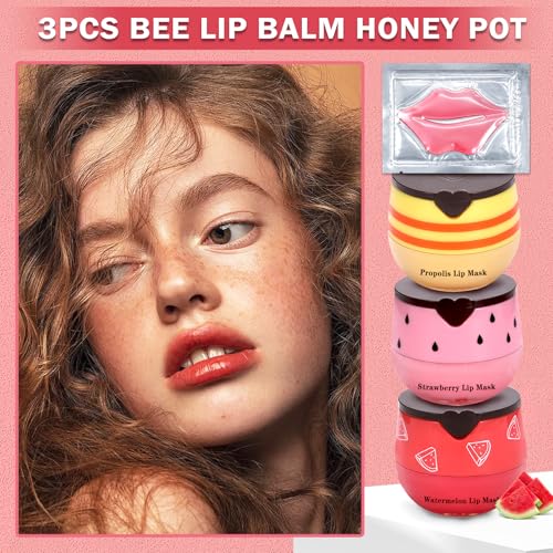 3PCS Bee Lip Balm Honey Pot, Honey Strawberry Watermelon Lip Mask Sleeping Honey Lip Mask Overnight Hydrating Propolis Honey Pot Lip Balm for Cracked & Dry Lips Care with Pink Lip Mask