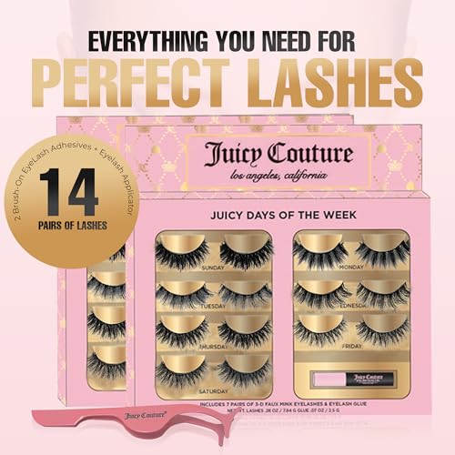 Juicy Couture 3D Faux Mink False Eyelashes - 14 Pairs with Applicator & Eyelash Glue, Wispy Natural Look, New Silky, Dramatic, Charming, Sassy & Extra Styles, Easy to Apply, Cruelty-Free & Reusable