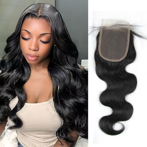 4x4 Lace Closure Body Wave - Transparent HD Free Part Invisible Lace Closure 100% Brazilian Virgin Human Hair Pre Plucked with Baby Hair Natural Black 12A Grade (20 Inch)