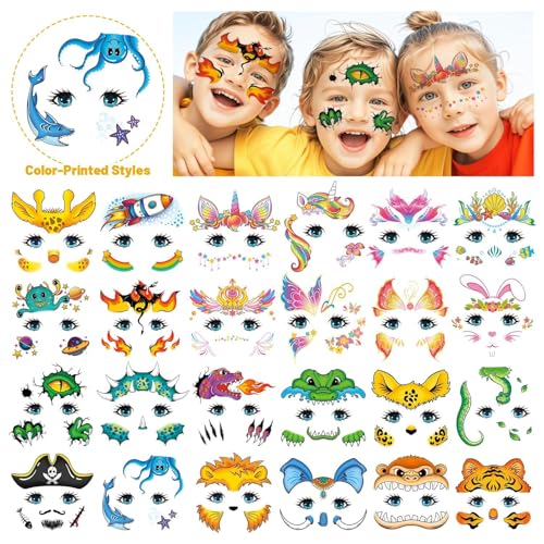 Partywind Temporary Face Tattoos for Kids, 24 Styles Waterproof