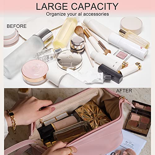 Large Makeup Bag, Double Layer Cosmetic Bag, Leather Make Up Bag with Brush Organizer, Portable Travel Makeup Bag, Makeup Organizer Bag Toiletry Bag for Women and Girls (Pink)