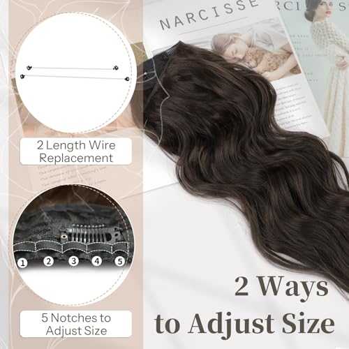 KooKaStyle Invisible Wire Hair Extensions with Transparent Wire Adjustable Size 4 Secure Clips Long Wavy Secret Hairpiece 20 Inch Dark Brown for Women