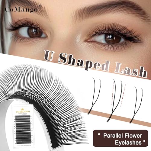 CoMango U Lash Extensions Premade Fans U Shape Eyelash Extension 2D UU Lash Fan Double Tips D Curly U Type Volume Lashes Fan 0.07mm Natural Eyelash Extensions Salon Supplies(black,UU-0.07-D-8-15mm)