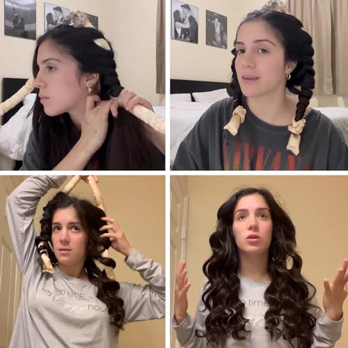 eviecos Heatless Curling Rod Headband for Long Hair, Hair Clips and Scrunchies Set, Soft Wave DIY Hair Rollers Styling Tool, No Heat Curling with Gift Box (Golden)