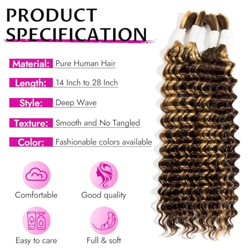 Human Braiding Hair Deep Wave 14 Inch Chocolate Brown Honey Blonde