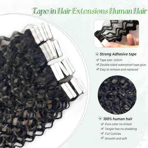 Water Wave Tape in Hair Extensions Human Hair, Natural Black Hair Extensions Real Remy Human Hair Tape ins for Black Women, 20 Inch 50g/pack 20pcs Double Sided Invisible Tape Hair Extension