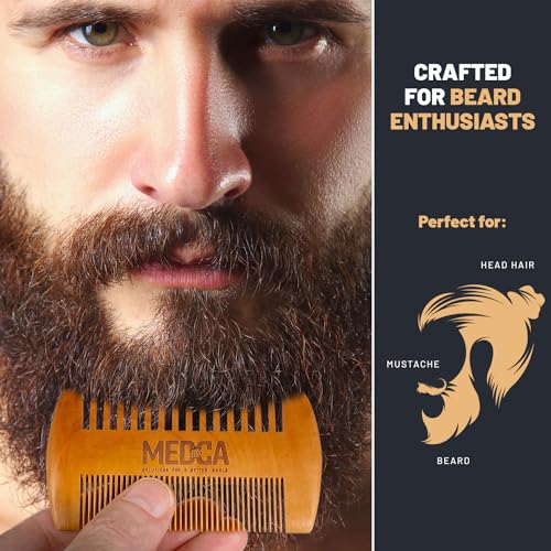 Wooden Beard Comb With Leather Case - Handcrafted Solid Beechwood Beard, Mustache and Head Hair Pocket Combs for Men Dual Action Fine & Coarse Teeth Perfect for Conditioner Oils and Beard Balms