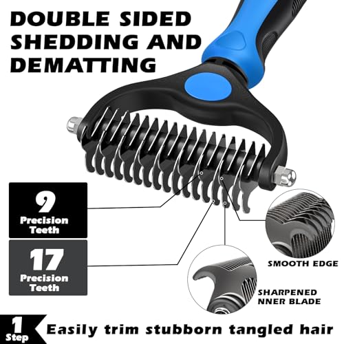 Blue Self-Cleaning Pet Slicker Brush & Dematting Comb Set for Dogs, Cats, Horses