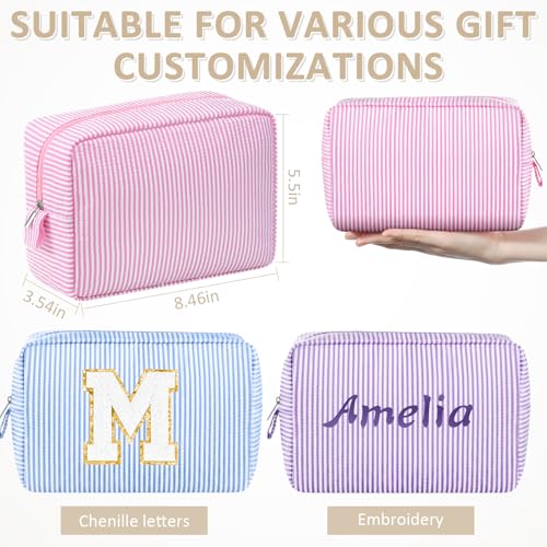 Sanwuta 3 Pcs Seersucker Cosmetic Bag Seersucker Makeup Bag Women Stripe Large Travel Toiletry Organizer Preppy Storage Pouch for Embroidery Christmas Bridesmaid Gifts(Pink, Light Blue, Purple)