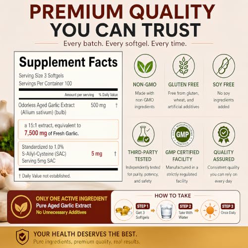 Aged Garlic Extract Softgels - 300 Odorless Capsules for Heart & Immune Support