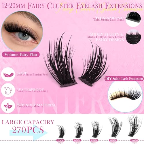 Winifred Lash Clusters Kit Fairy Wispy Eyelash Clusters with Spikes Lash Extension Kit Cluster Eyelash Extensions C Curly Anime Individual Lashes Kit Lash Bond and Seal Tweezers (12-20mm)