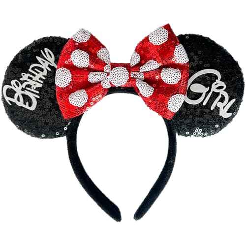 Birthday Mouse Ears Headband, Sequin Bow Headbands for Women Party Favors Cosplay Accessories
